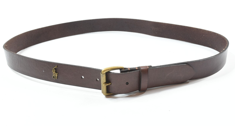 Polo Ralph Lauren Logo Charm Belt Mens 42 Brown Leather Brass Roller Classic
